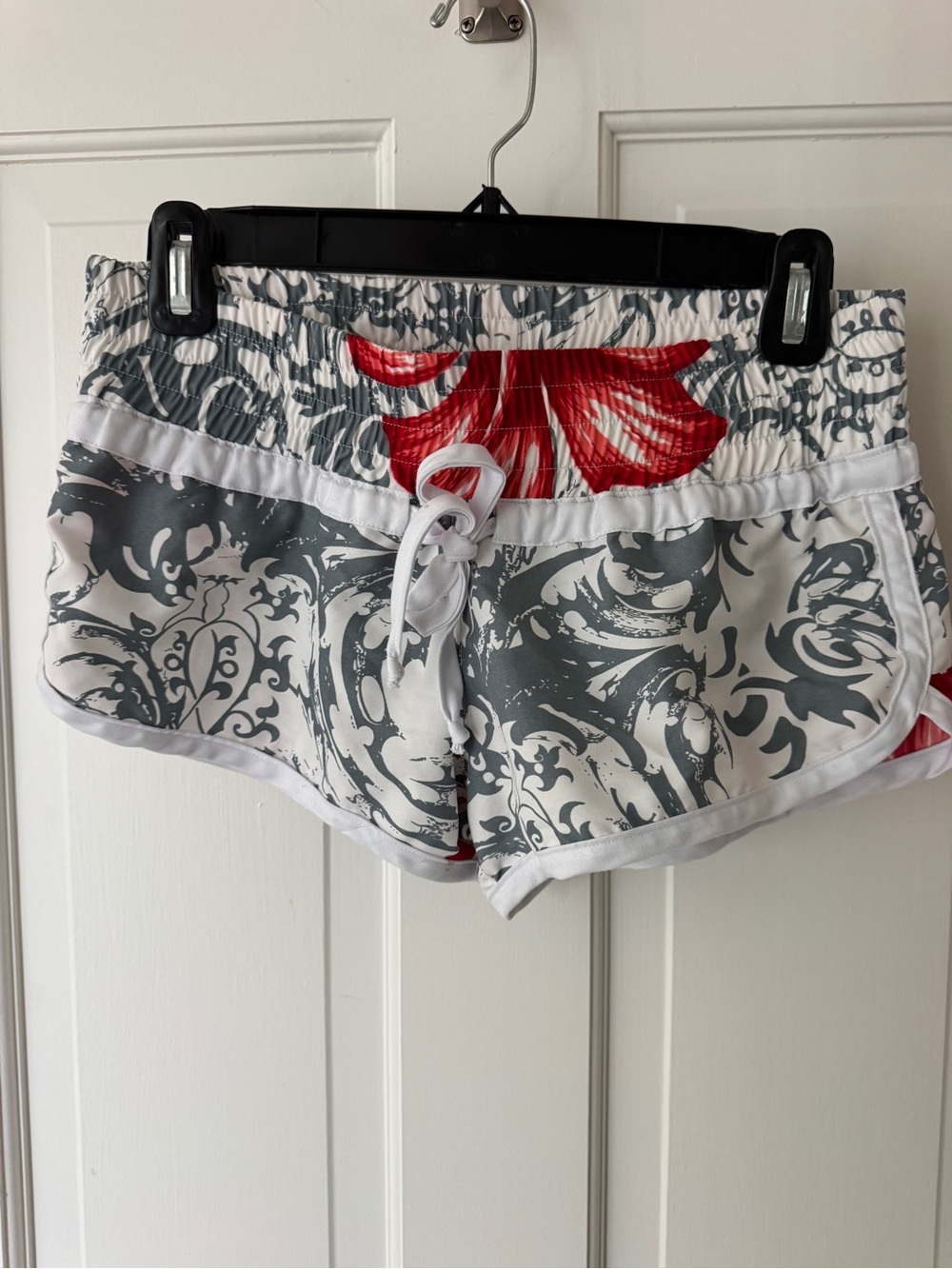Women’s Grey & White Floral Print Active swim surf Shorts with Red Accent